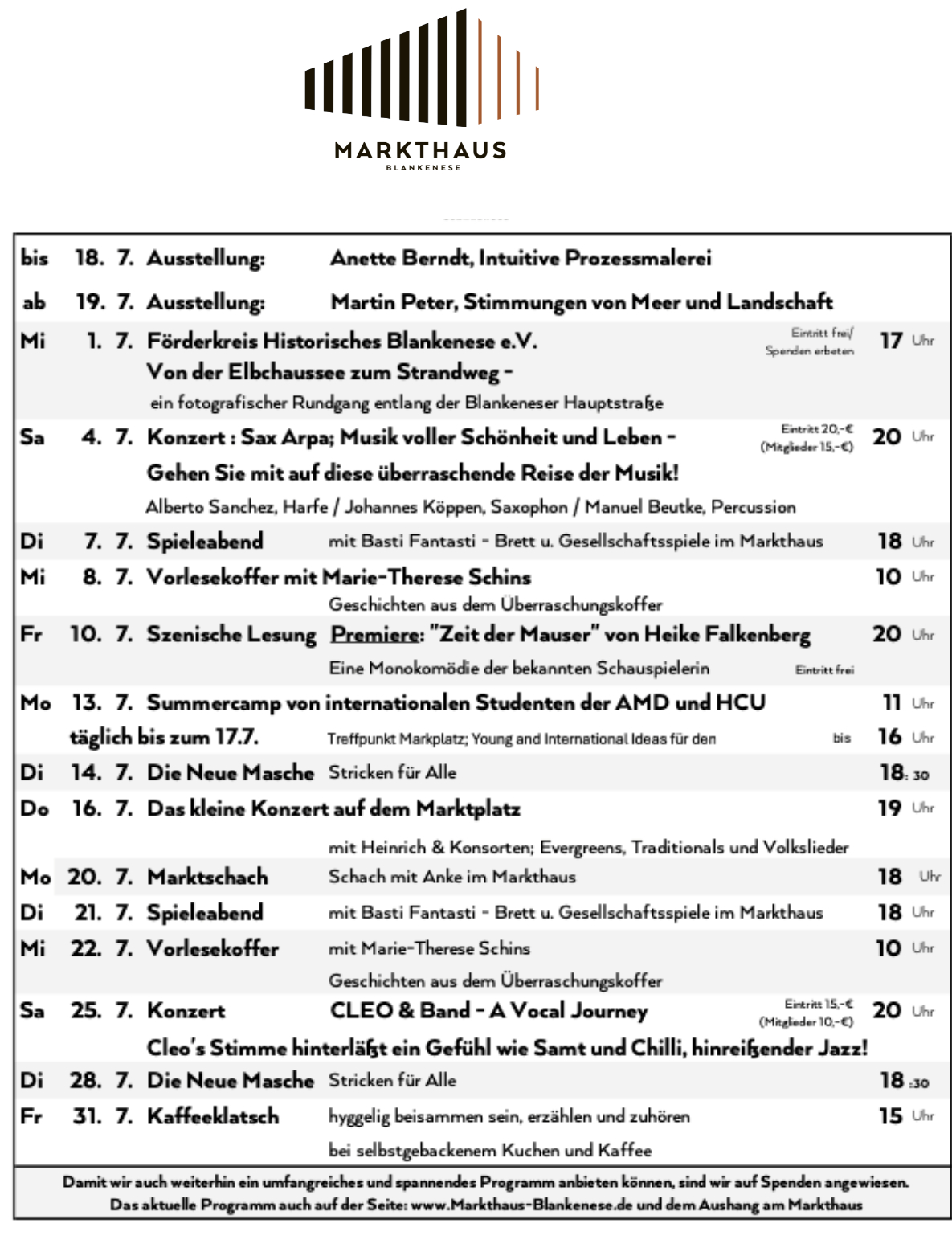 Das Markthausprogramm im Juli